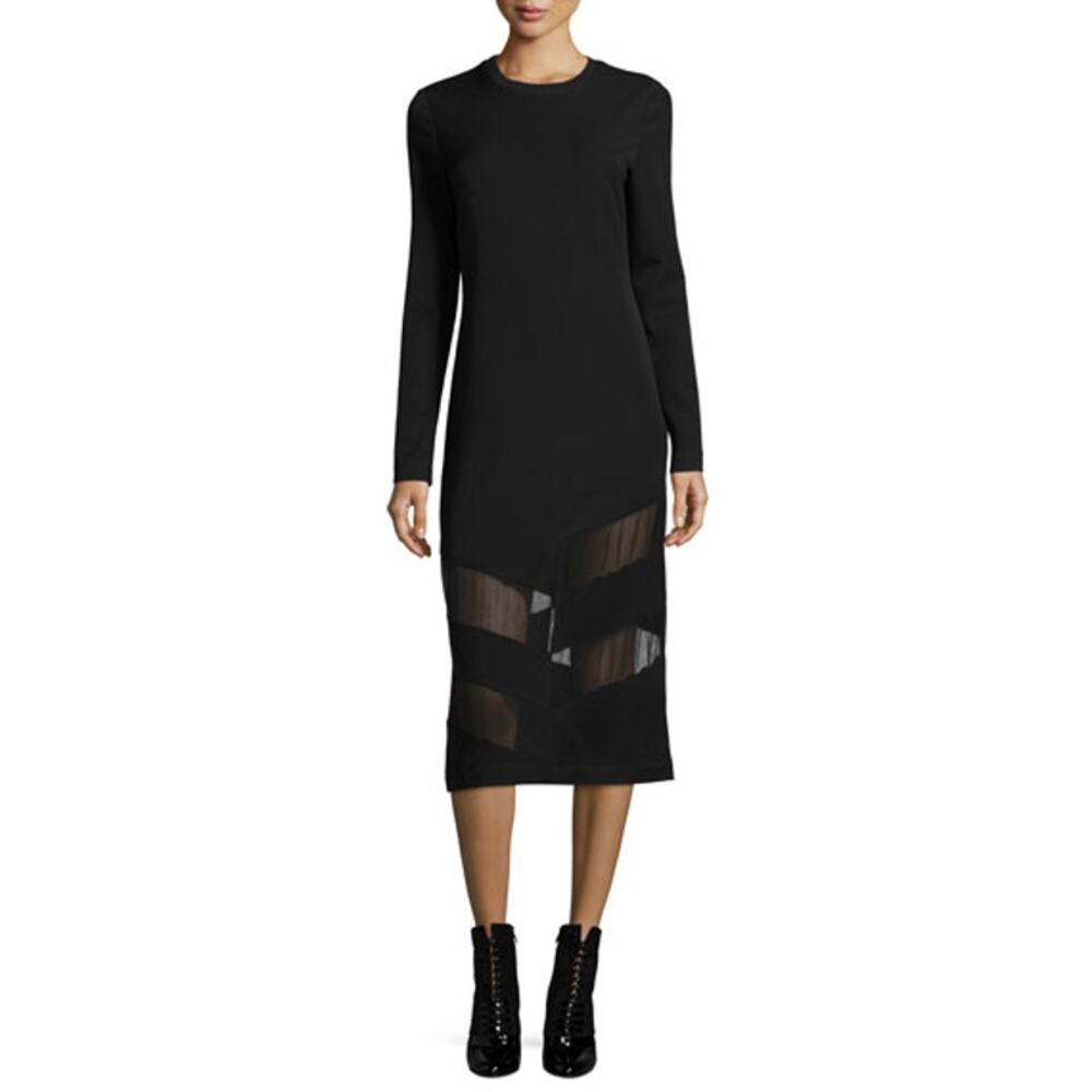 Public School Elsi Midi Dress Crew Neck Long Sleeve Mesh Panel Maxi Black
